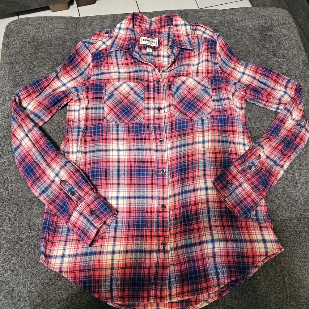 Express Boyfriend Pink Blue Plaid Button-Down Shirt